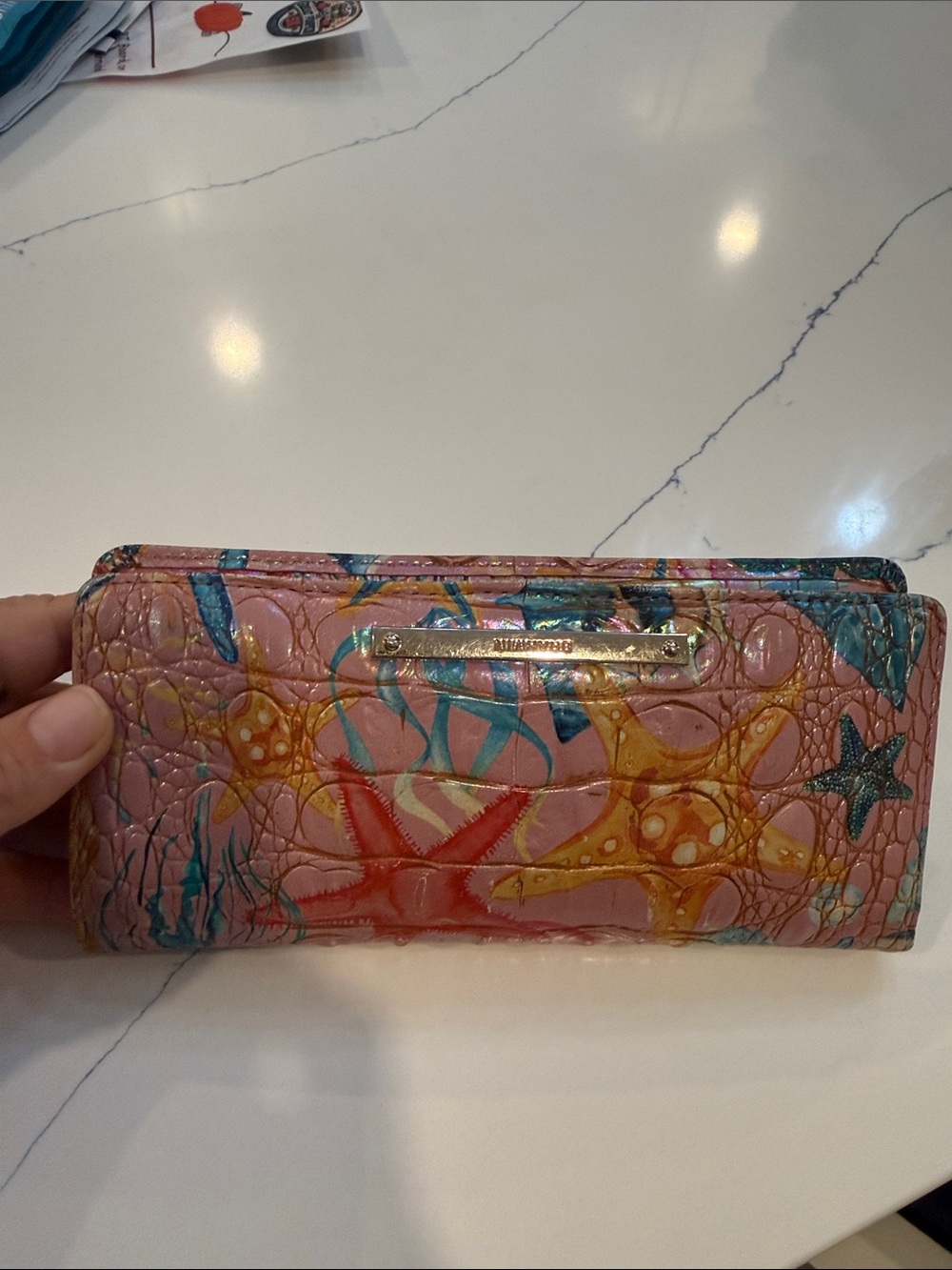 Brahmin Pink Starfish-Print Wallet with Gold Plaque